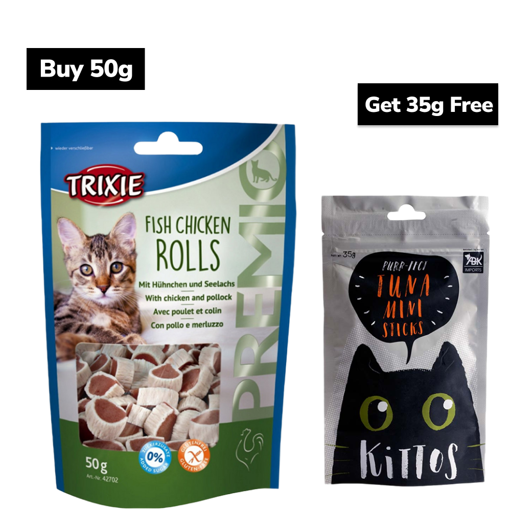 Trixie Premio Fish and Chicken Rolls & Kittos Purr fect Tuna Mini Sticks Cat Treats Cats-Treats & Others Exclusive Combo 50g+35g