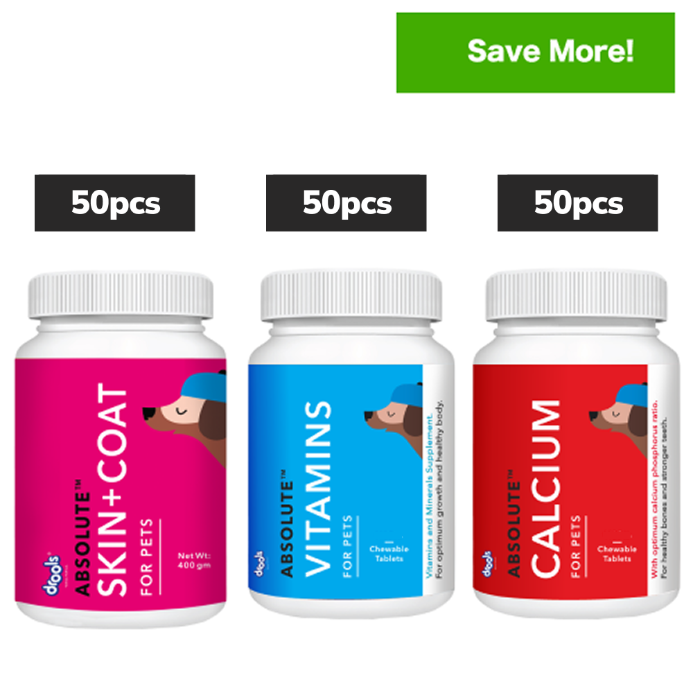 Drools Absolute Calcium, Vitamin and Skin & Coat Dog Supplement Tablets Combo Dogs-Health & Wellness Drools 3x50pcs