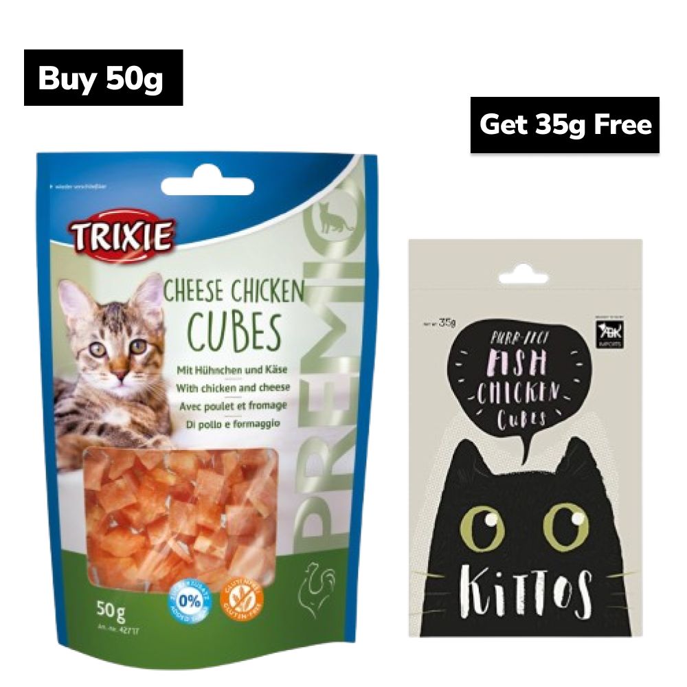 Trixie Premio Cheese Chicken & Kittos Purr fect Fish Chicken Cubes Cat Treats Cats-Treats & Others Exclusive Combo 50g+35g Free