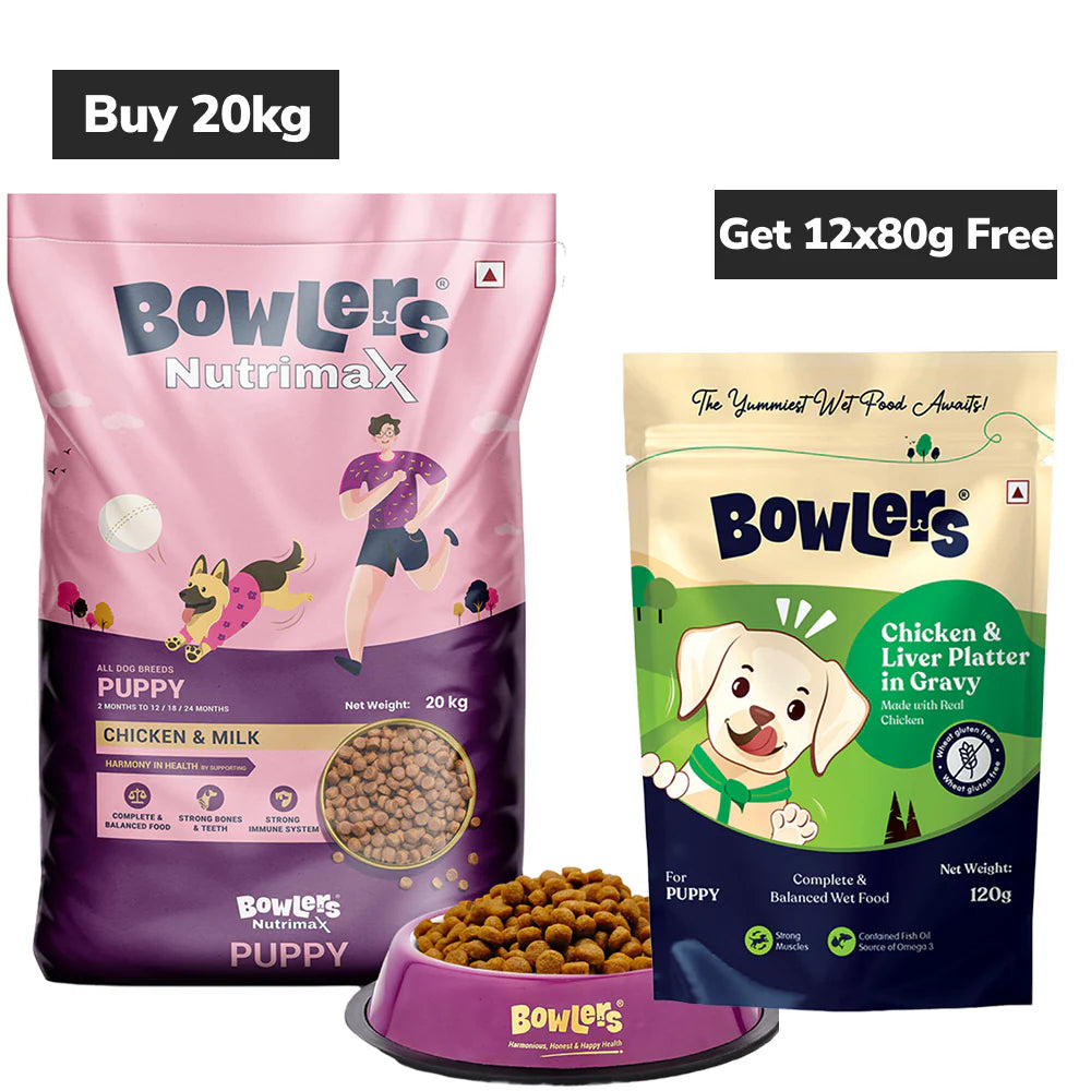 Bowlers Chicken and Milk Nutrimax Puppy Dog Dry Food Dogs- Dry Food Bowlers 20kg+12x80g(Free)