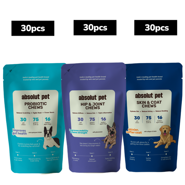 Absolut Pet Probiotics Gut & Hip, Joint Care & Skin & Coat with Collagen Health Dog Supplements Combo