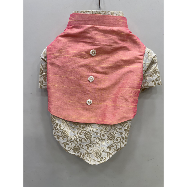 The Papaw Cartel Raw Silk Ethnic Koti with White Banarasi Kurta for Dogs & Cats (Pink)