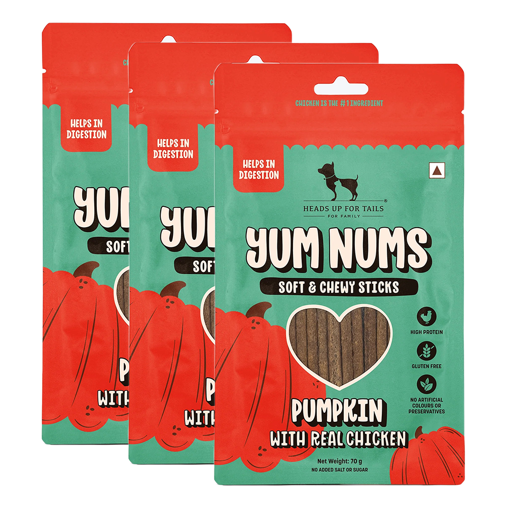 HUFT Yum Nums Pumpkin with Real Chicken Soft and Chewy Grain Free Sticks Treat for Dogs Dog Treats + Others Heads Up for Tails 3x70g