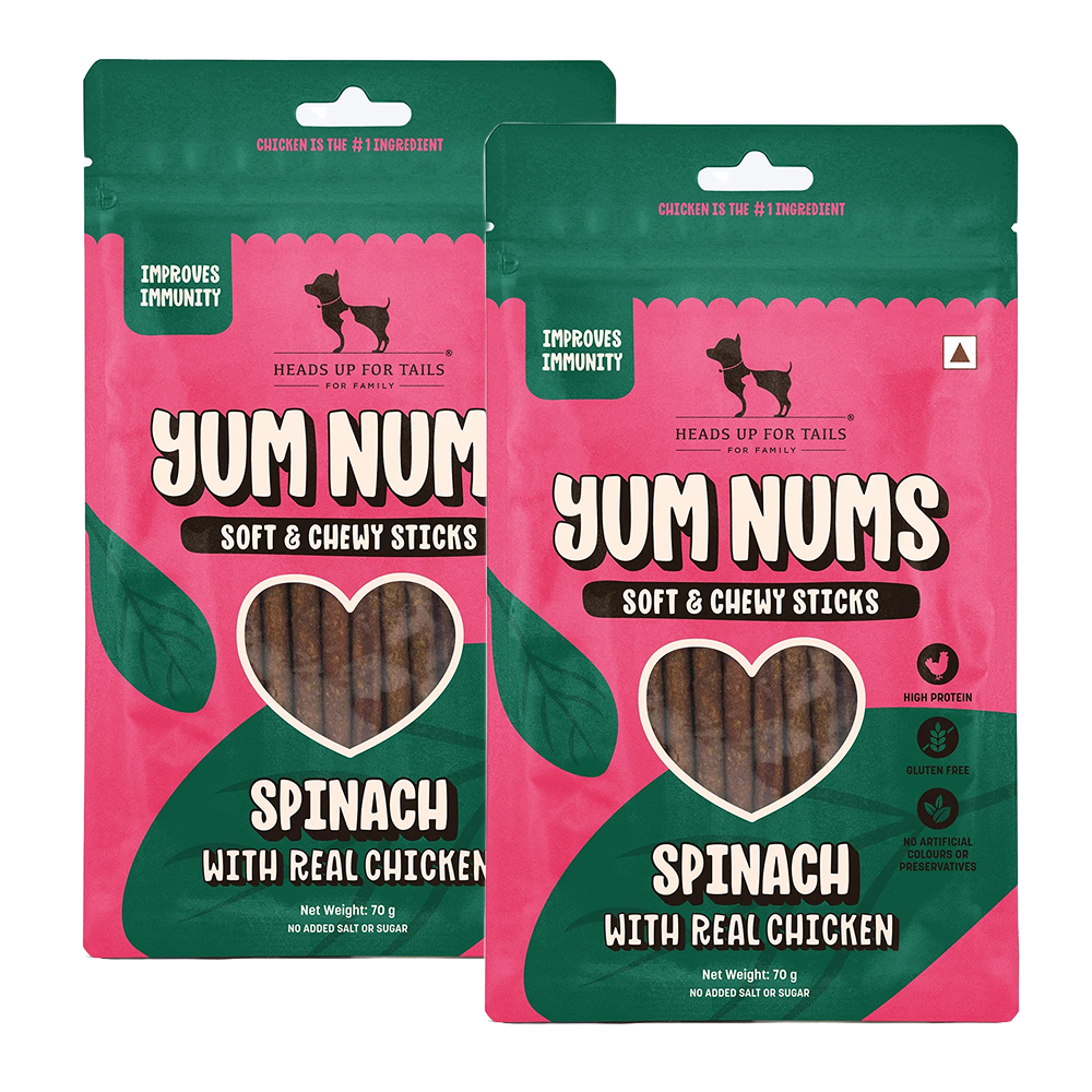 HUFT Yum Nums Soft and Chewy Spinach with Real Chicken Grain Free Stick Treats for Dogs Dog Treats + Others Heads Up for Tails 2x70g