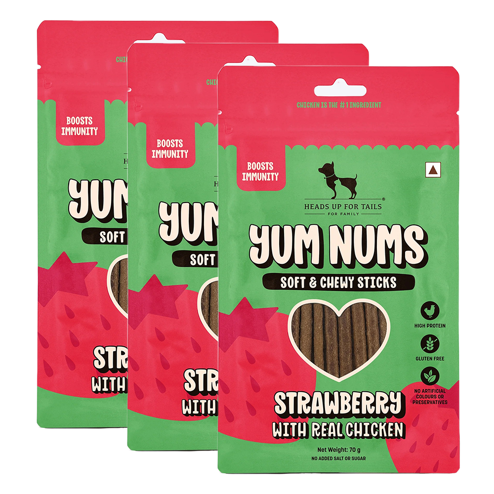 HUFT Yum Nums Soft and Chewy Strawberry with Real Chicken Grain Free Sticks Treats for Dogs Dog Treats + Others Heads Up for Tails 3x70g