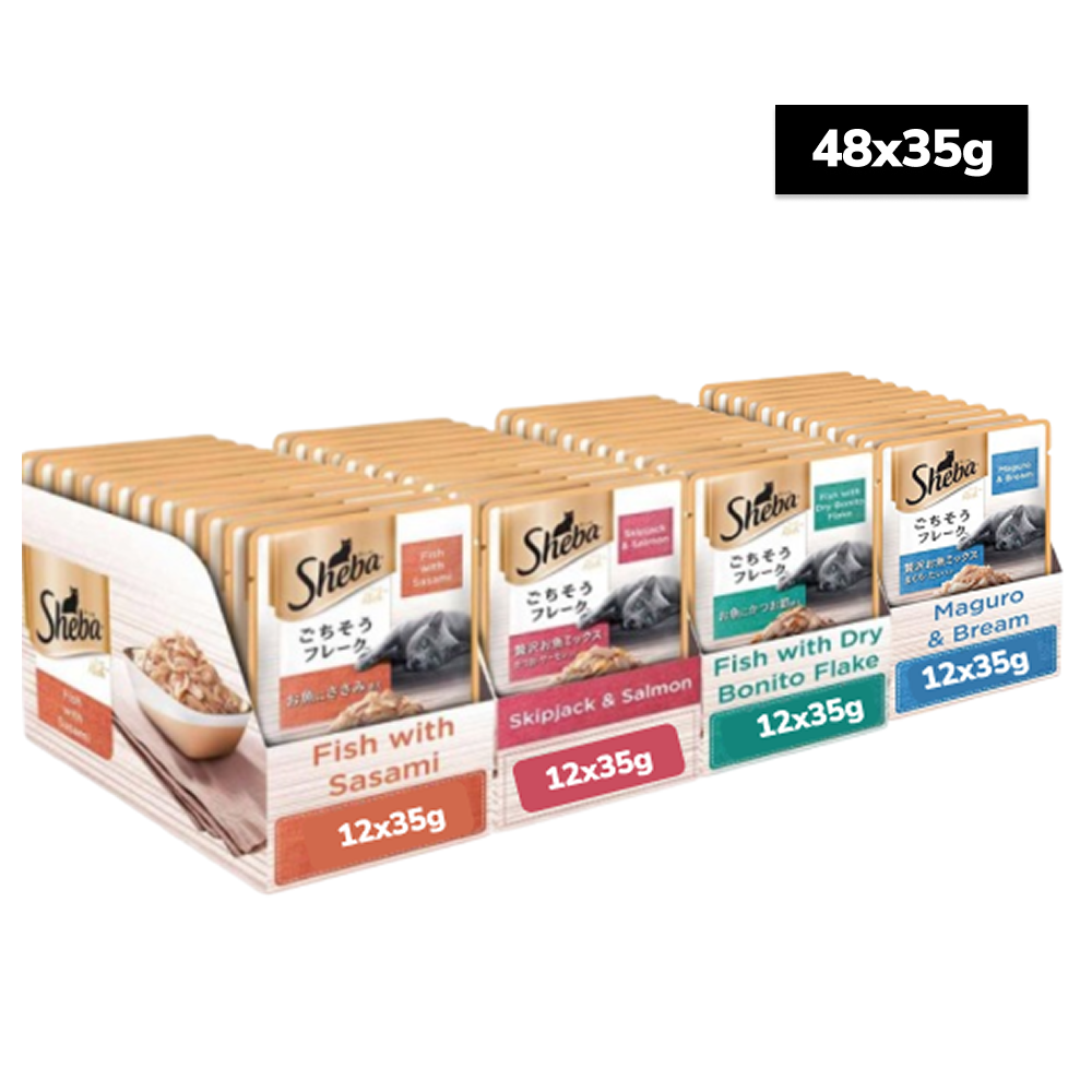 Sheba Fish with Dry Bonito Flake, Skipjack & Salmon Fish, Maguro & Bream Fish Mix and Fish with Sasami Cat Wet Food Combo Cats-Wet Food Sheba 48x35g