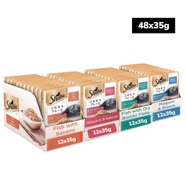 Sheba Fish with Dry Bonito Flake, Skipjack & Salmon Fish, Maguro & Bream Fish Mix and Fish with Sasami Cat Wet Food Combo