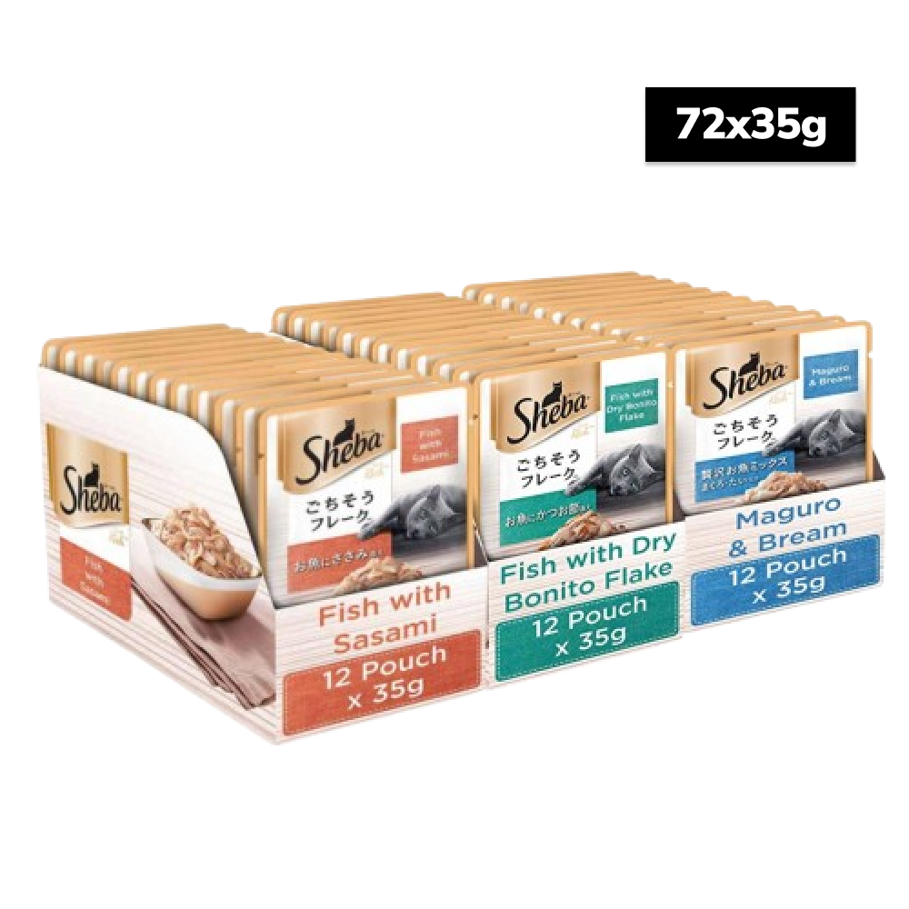 Sheba Fish with Sasami, Dry Bonito Flake and Maguro & Bream Fish Mix Premium Cat Wet Food Combo Cats-Wet Food Sheba 72x35g