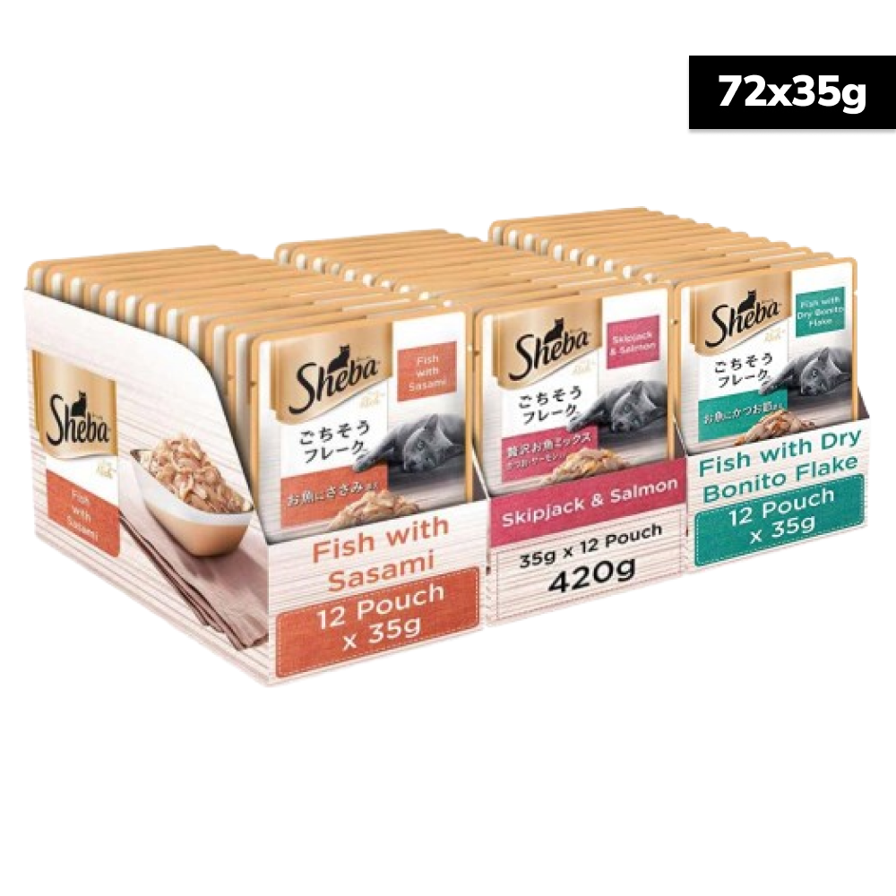 Sheba Fish with Dry Bonito Flake, Skipjack & Salmon Fish and Fish with Sasami Cat Wet Food Combo Cats-Wet Food Sheba 72x35g