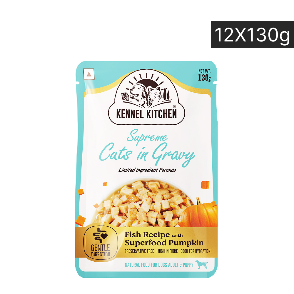 Kennel Kitchen Supreme Cuts in Gravy Fish Recipe with Pumpkin Puppy & Adult Dog Wet Food (All Life Stage) Dogs-Wet Food Kennel Kitchen 12x130g