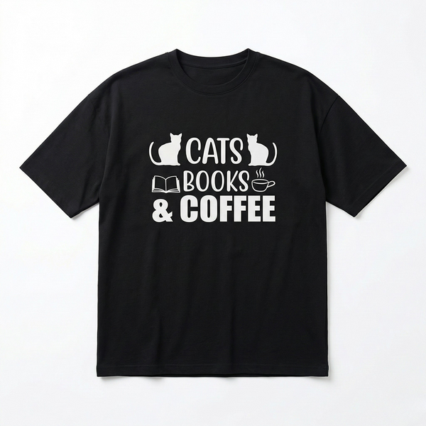 Seek Buy Love Cats Books Coffee Oversized Tee (Black)