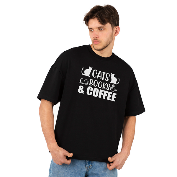 Seek Buy Love Cats Books Coffee Oversized Tee (Black)