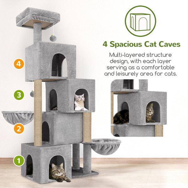 Furrlovers Multilevel Plush Cat Tree with Condo, Hammock & Jute Rope Scratching Posts (Grey)