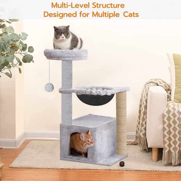 Furrlovers Cat Condo Activity Tree with Jute Scratcher, Hammock & Ball Toy (Grey)