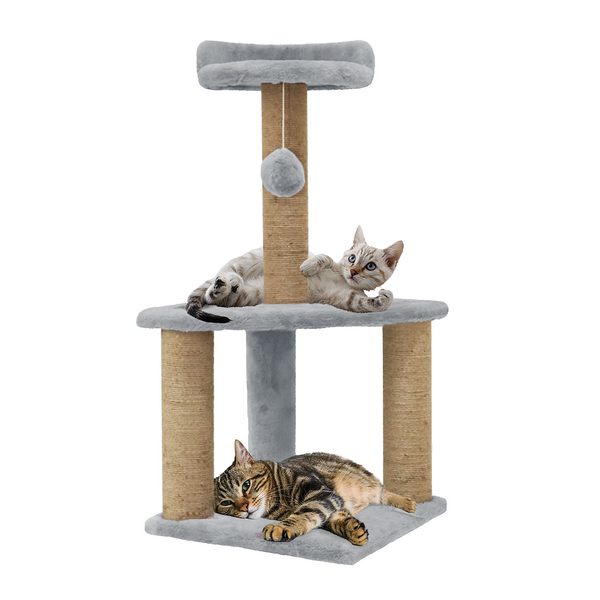 Furrlovers Two Floor Soft Fur Activity Cat Tree for Kittens & Cats with Scratching Post, Natural Sisal Rope & Hanging Ball (Grey)