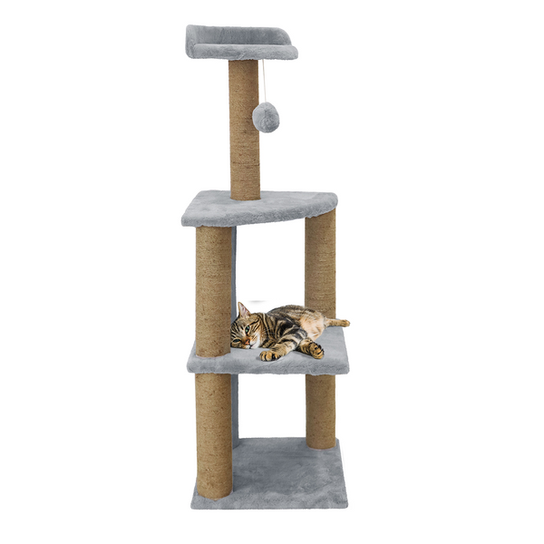 Furrlovers Three Floor Soft Fur Activity Cat Tree for Kittens & Cats with Scratching Post, Natural Sisal Rope & Hanging Ball (Grey)