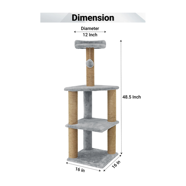 Furrlovers Three Floor Soft Fur Activity Cat Tree for Kittens & Cats with Scratching Post, Natural Sisal Rope & Hanging Ball (Grey)