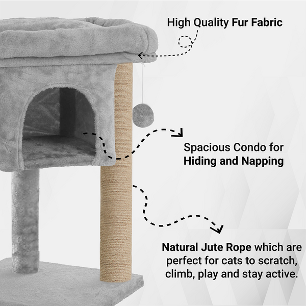 Furrlovers Cat & Kitten Scratching Post Activity Tree with Plush Fur, Jute Rope & Detachable Bed (Grey)