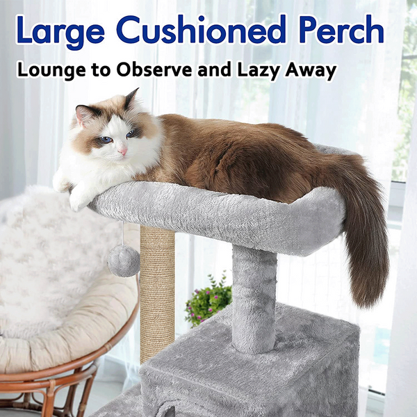 Furrlovers Plush Fabric Cat Tree with Top Bed, Hammock & Jute Rope Scratching Posts (Grey)
