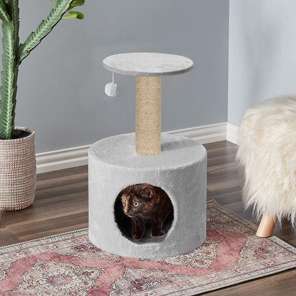 Furrlovers Plush Fur Cat Tree Condo with Jute Rope & Hanging Ball (Grey)