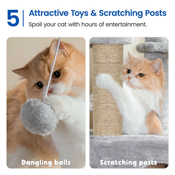 Furrlovers Multilevel Fur Fabric Cat Tree with Condos, Hanging Ball & Jute Rope Scratching Posts (Grey)