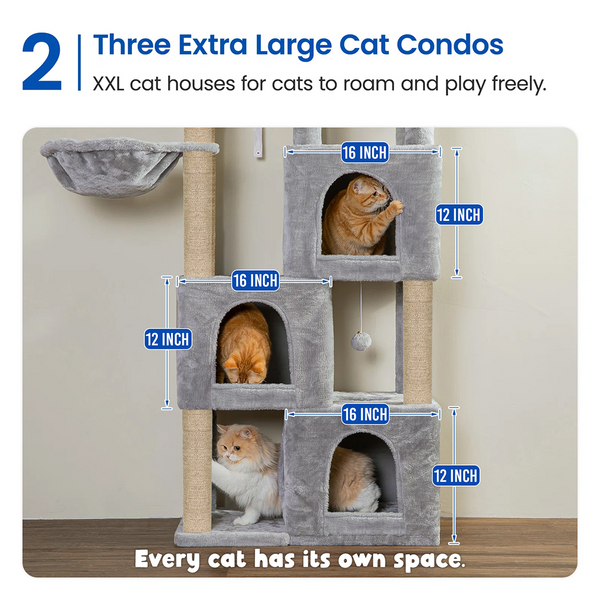 Furrlovers Multilevel Fur Fabric Cat Tree with Condos, Hanging Ball & Jute Rope Scratching Posts (Grey)