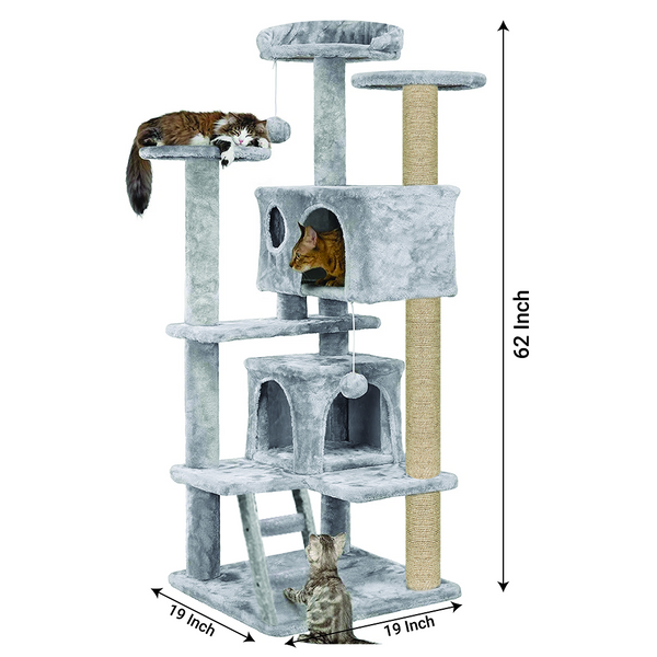 Furrlovers Multi Condo Kitten & Cat Tree with Plush Fur Fabric, Ladder, Top Perches, Playing Balls & Jute Rope Scratching Posts (Grey)