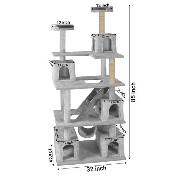 Furrlovers Multilevel Cat Tree with Ladder, Tunnel & Jute Rope Scratching Posts (Grey)