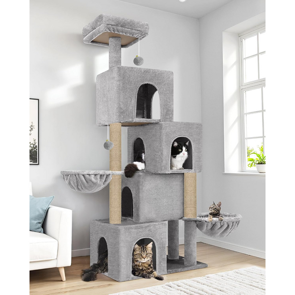 Furrlovers Multilevel Plush Cat Tree with Condo, Hammock & Jute Rope Scratching Posts (Grey)