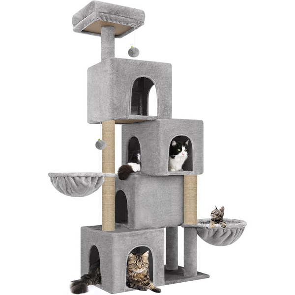 Furrlovers Multilevel Plush Cat Tree with Condo, Hammock & Jute Rope Scratching Posts (Grey)