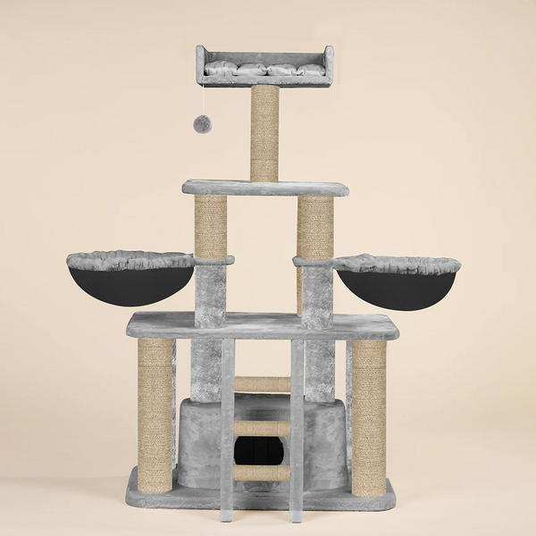 Furrlovers Fur Fabric Cat Tree with Hammocks, Condo & Jute Rope Scratching Posts (Grey)