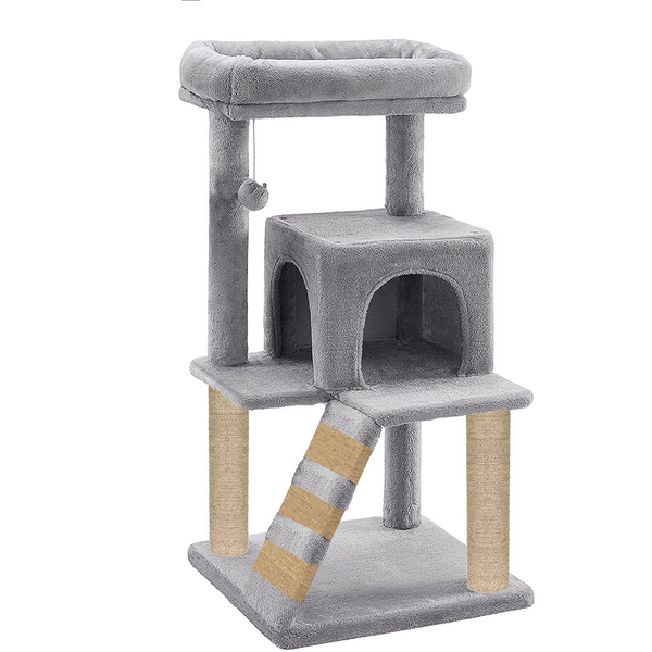 Furrlovers Fur Fabric Cat Tree with Ladder, Hanging Toy & Jute Rope Scratching Post