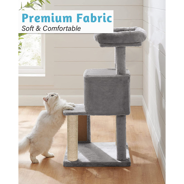 Furrlovers Fur Fabric Cat Tree with Ladder, Hanging Toy & Jute Rope Scratching Post (Grey)