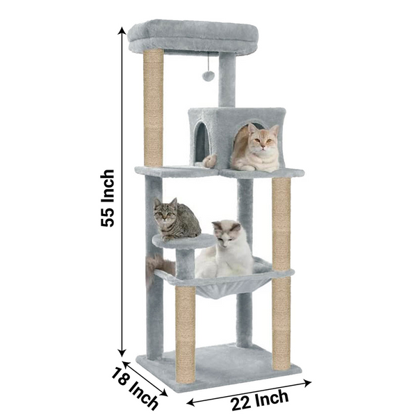 Furrlovers Cat Tree with Condo, Hammock, Hanging Ball & Jute Rope Scratching Posts (Grey)