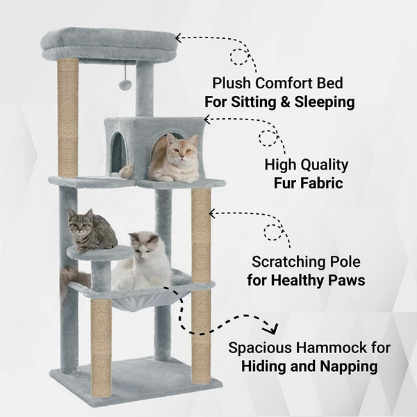 Furrlovers Cat Tree with Condo, Hammock, Hanging Ball & Jute Rope Scratching Posts (Grey)