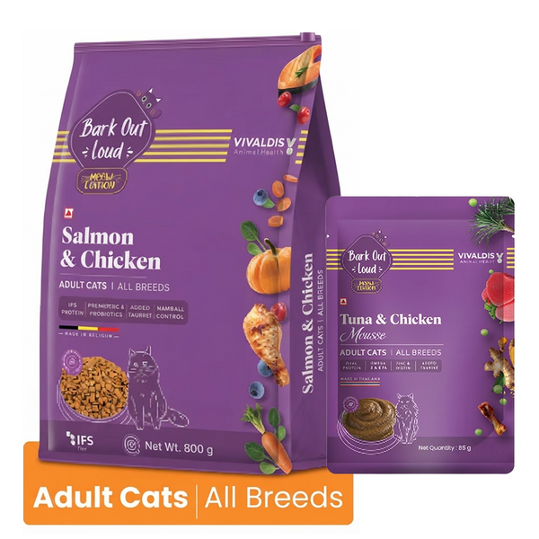 Bark Out Loud Salmon & Chicken with Tuna & Chicken Mousse Adult Cat Dry & Wet Food Combo