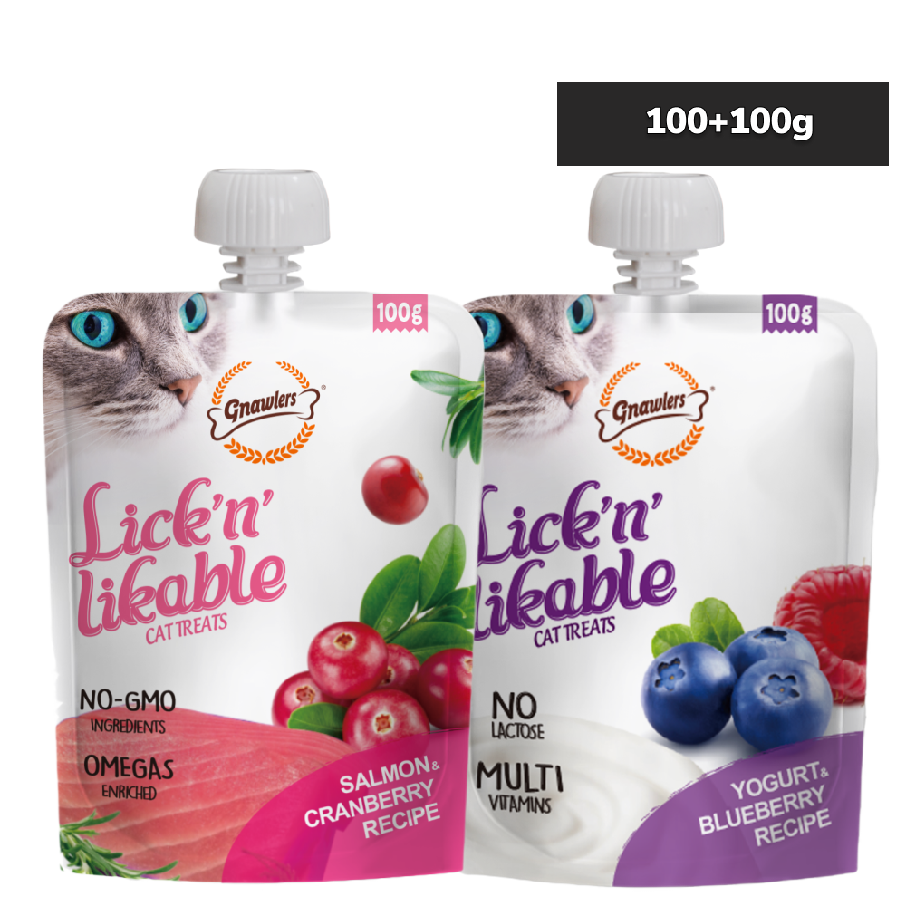 Gnawlers Yogurt, Blueberry, Salmon, Cranberry Lick n Likable Treat Combo for Cats Cats-Treats & Others Gnawlers 100g+100g