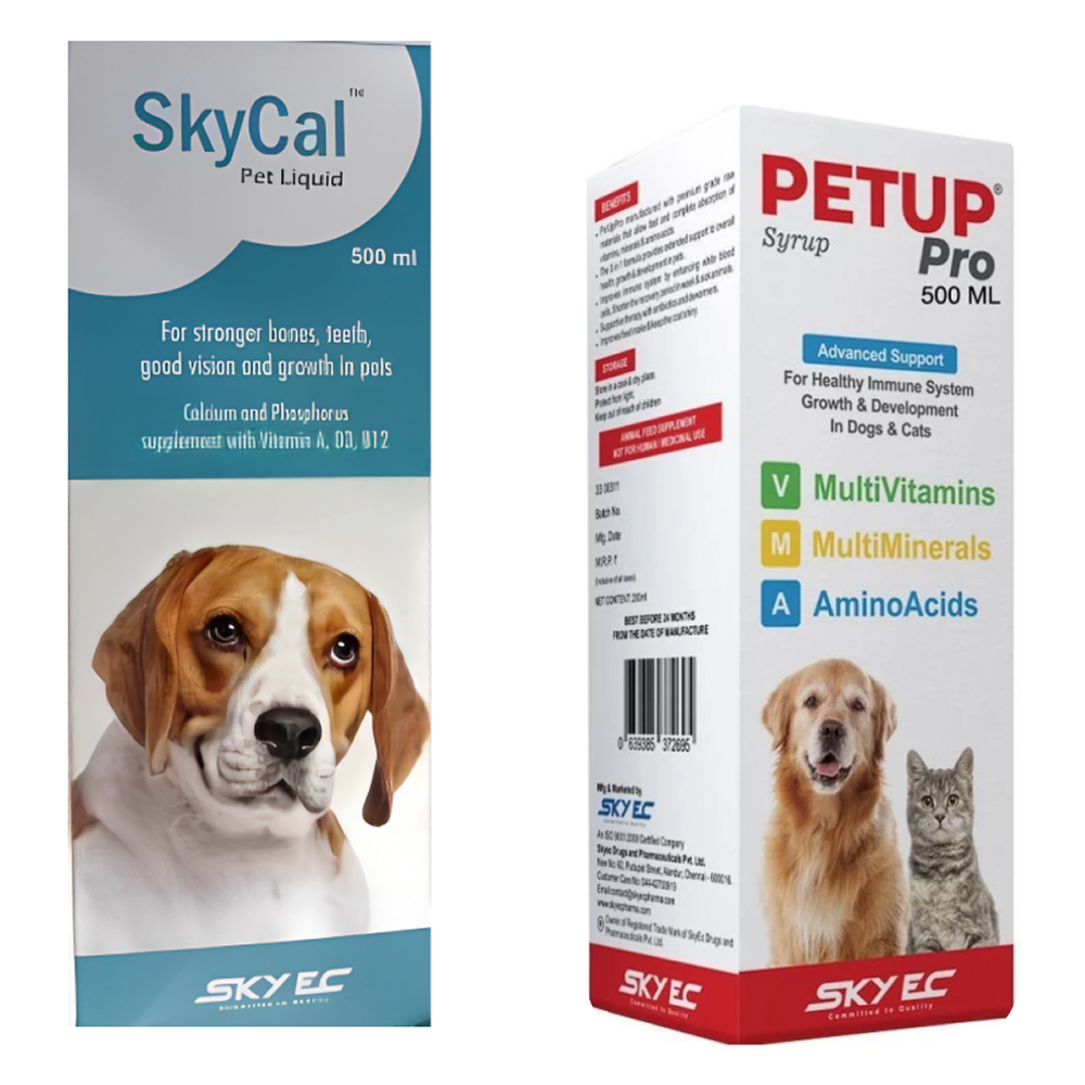 Skyec Sky Cal Calcium Supplement Syrup (500ml) and Petup Pro Syrup (500ml) for Dogs and Cats Combo Both-Pharmacy Skyec Pharmacy 500ml+500ml