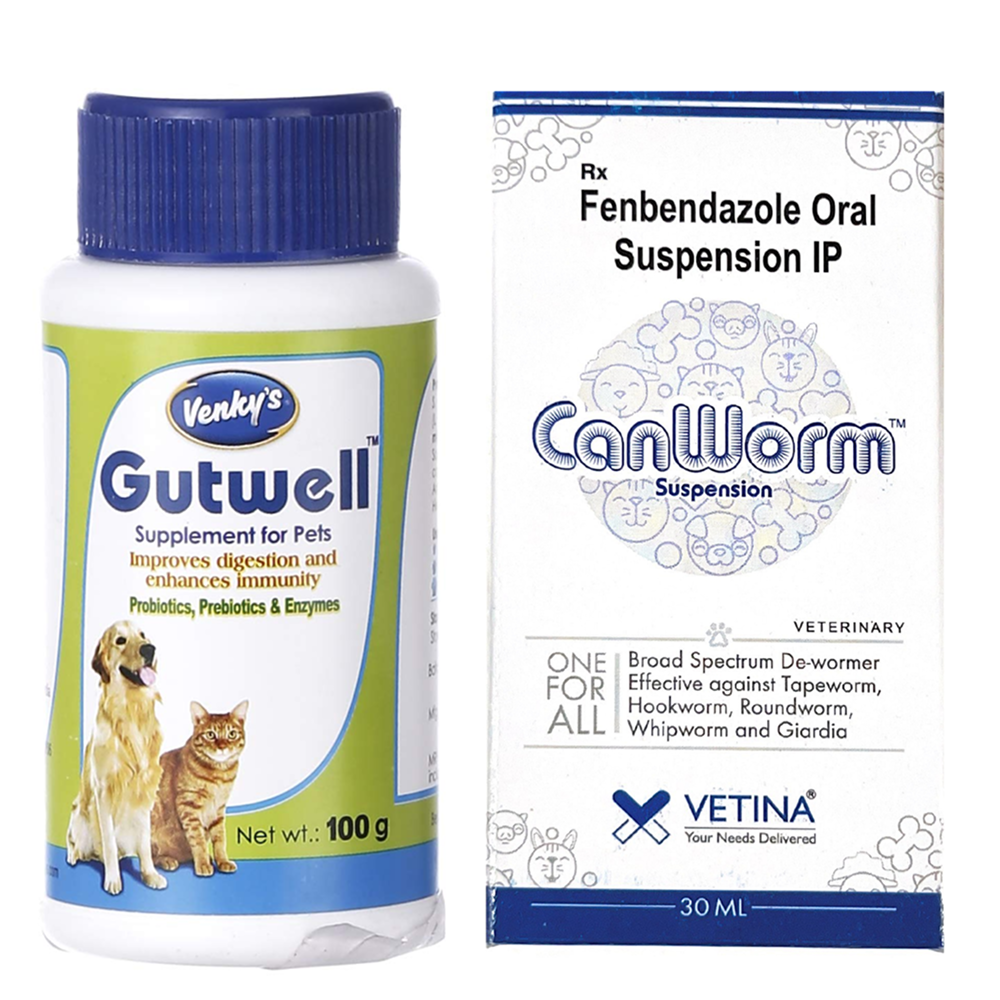 Vetina Canworm (Fenbendazole) Pet Deworming Suspension (30ml) and Venkys Gutwell Pre & Probiotics Gut Health Powder (100g) for Dogs and Cats Combo Both-Pharmacy Exclusive Combo 30mL + 100g