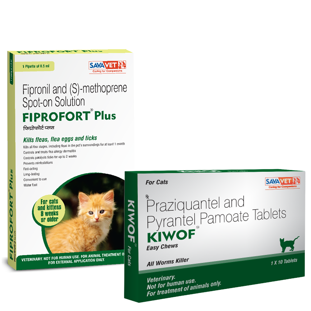 Savavet Kiwof Cat Deworming Tablet (10 tablets) and Savavet Fiprofort Plus (Fipronil) Tick & Flea Control Spot On for Cats Combo Both-Pharmacy Exclusive Combo 1 Strip (10 tablets) + 0.5mL