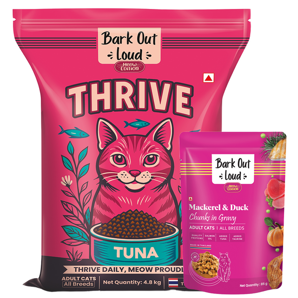 Bark Out Loud Thrive Tuna Flavour with Mackerel & Duck Chunks Gravy Adult Cat Dry & Wet Food Combo