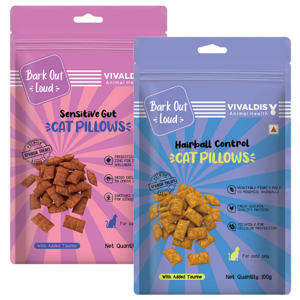 Bark Out Loud by Vivaldis Pillows for Sensitive Gut & Hairball Control Cat Treats Combo