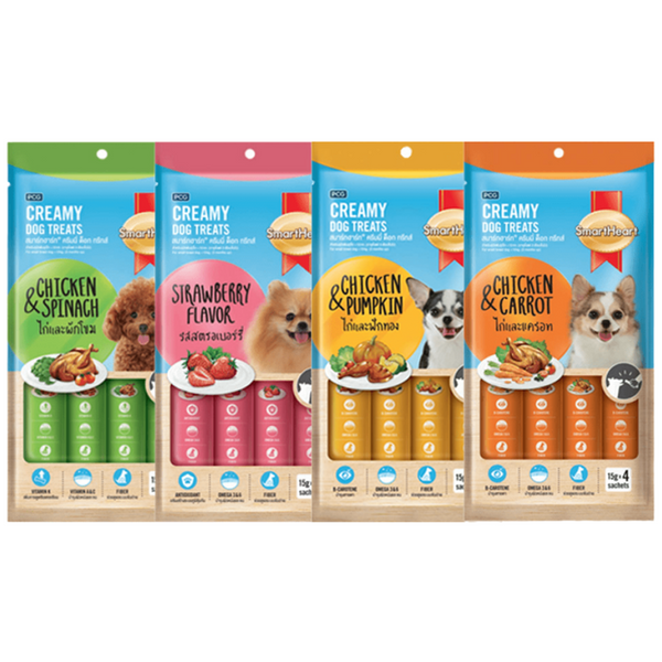 SmartHeart Chicken & Carrot, Chicken & Pumpkin, Chicken & Spinach and Chicken & Strawberry Dog Creamy Treat Combo