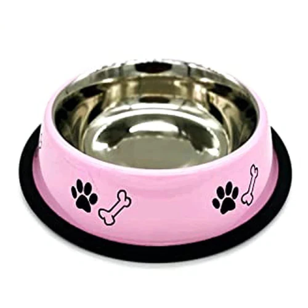 Emily Pets Stainless Steel Paw Printed Food Water Feeding Bowl for Dogs and Cats (Pink)