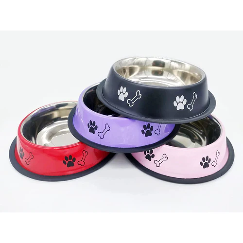 Emily Pets Stainless Steel Paw Printed Food Water Feeding Bowl for Dogs and Cats (Pink)