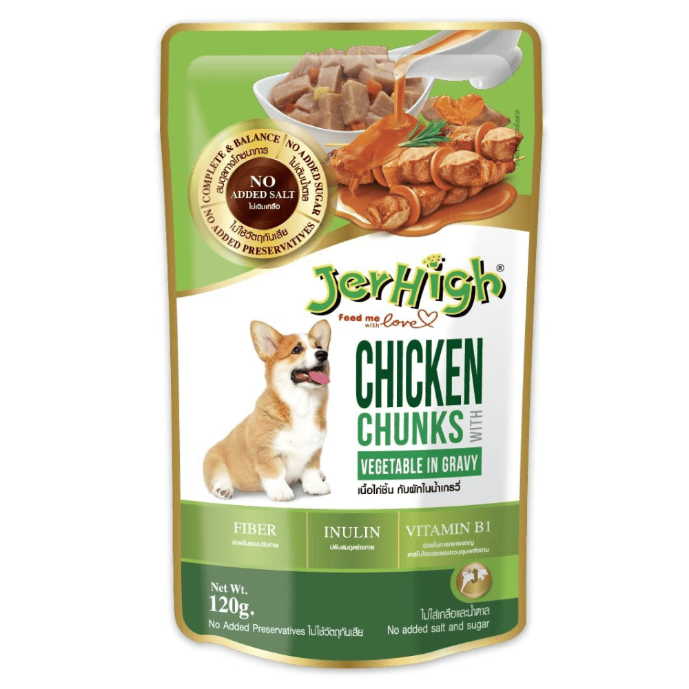 Henlo Chicken & Vegetable Baked Dry Food for Adult Dogs and JerHigh Vegetable and Chicken in Gravy Dog Wet Food Combo