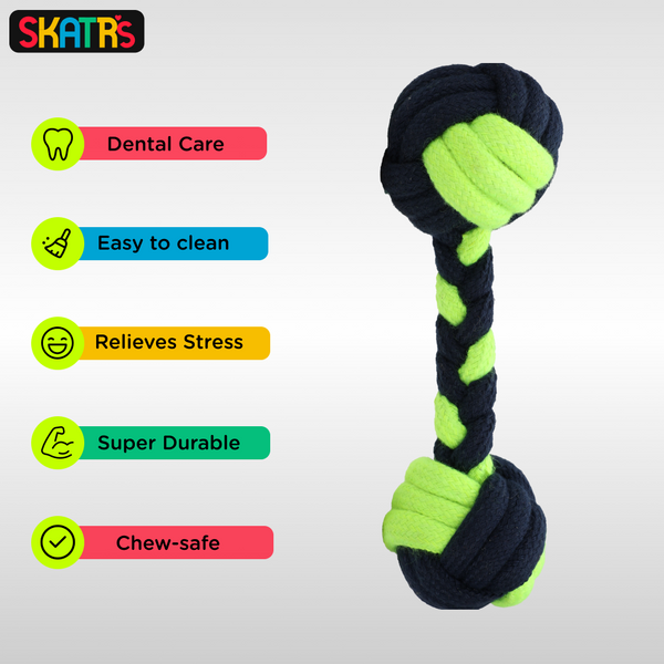 Skatrs Dumbbell Shaped Rope Chew Toy for Dogs and Cats (Neon Green/Dark Blue)
