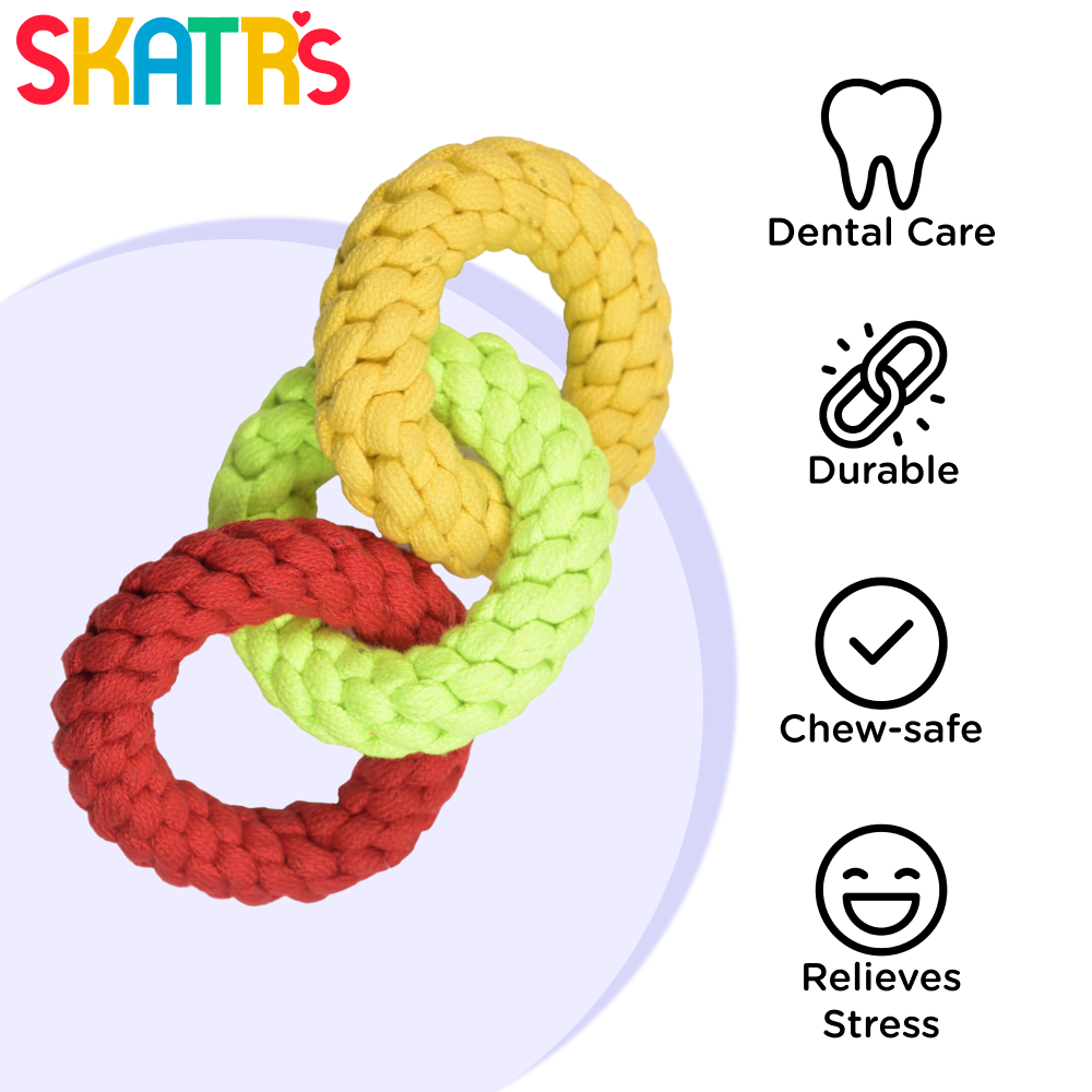 Skatrs Triple Ring Rope Chew Toy for Dogs and Cats (Neon Green/Red/Yellow)