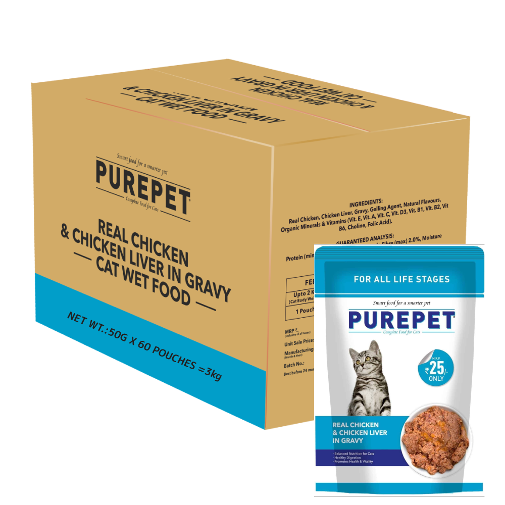 Purepet Real Chicken & Chicken Liver in Gravy Cat Wet Food Cats-Wet Food Purepet 60x50g+75g Treat Free