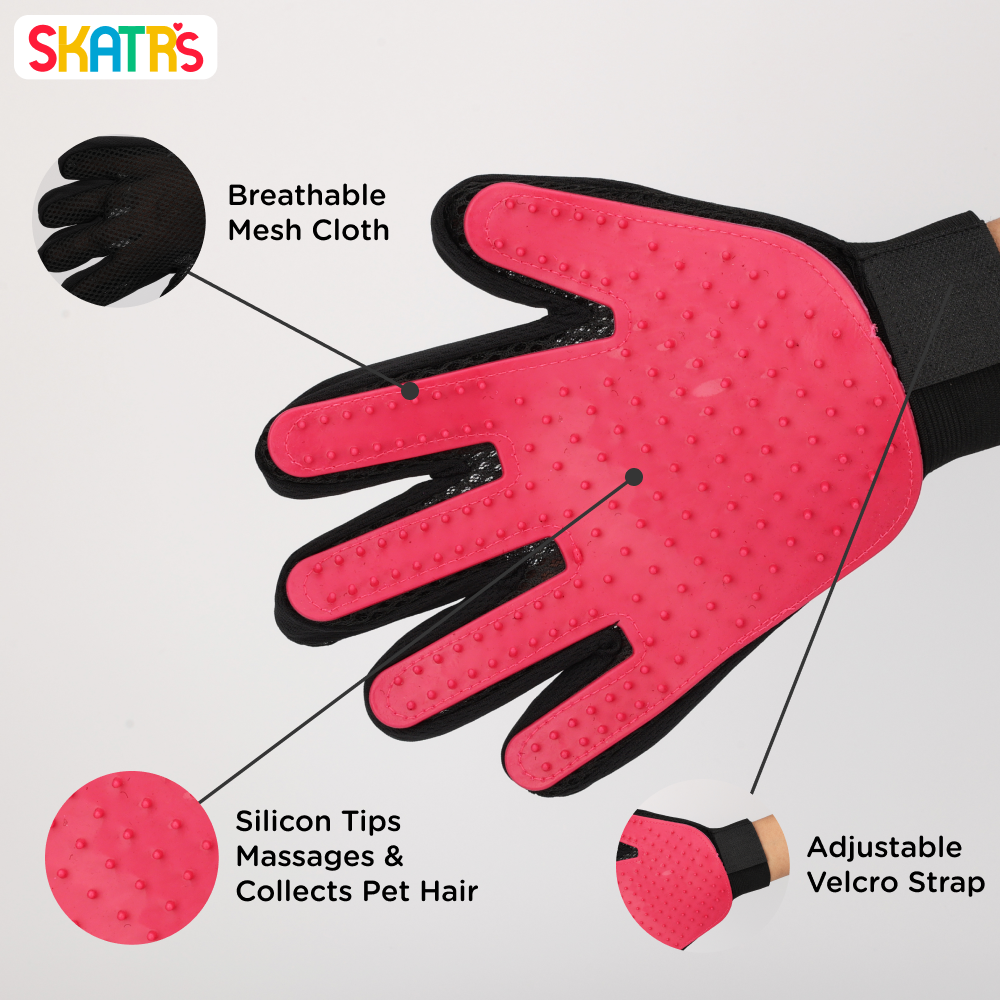 Skatrs Mess Free Deshedding Grooming Gloves for Dogs and Cats (Pink)